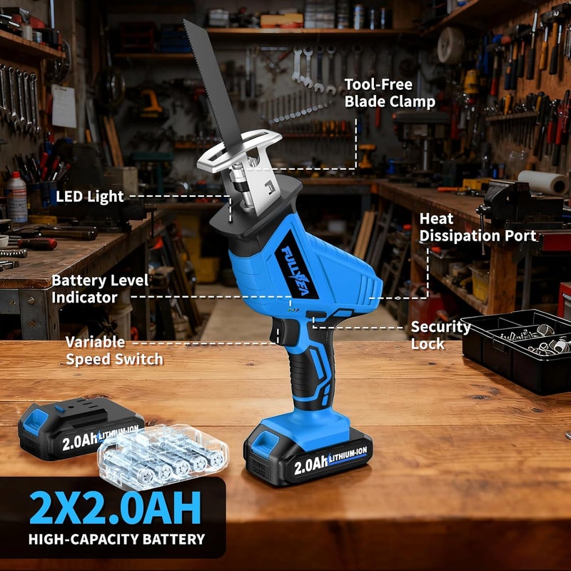 FULLYEA Reciprocating Saw Cordless, 0-3500SPM Variable Speed Reciprocating Saws with 2 Batteries, 4 Saw Blades, Tool-Free Blade Change, Electric Reciprocating Saws for Woods/Metal/Plastic Cutting,Blue - Image 3